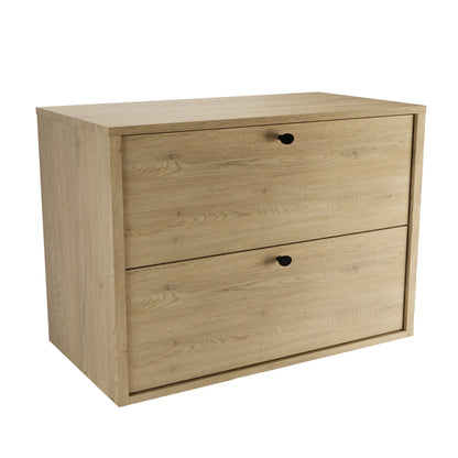 Dulap pentru lavoar Belino 80 cm Stejar Cremona, cu blat inclus și mânere negre sau aurii, fronturi netede retrase și design modern pentru băi elegante.