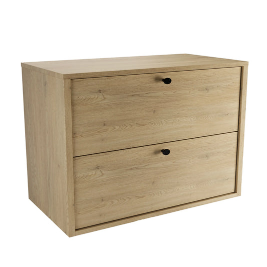 Dulap pentru lavoar Belino 80 cm Stejar Cremona, cu blat inclus și mânere negre sau aurii, fronturi netede retrase și design modern pentru băi elegante.