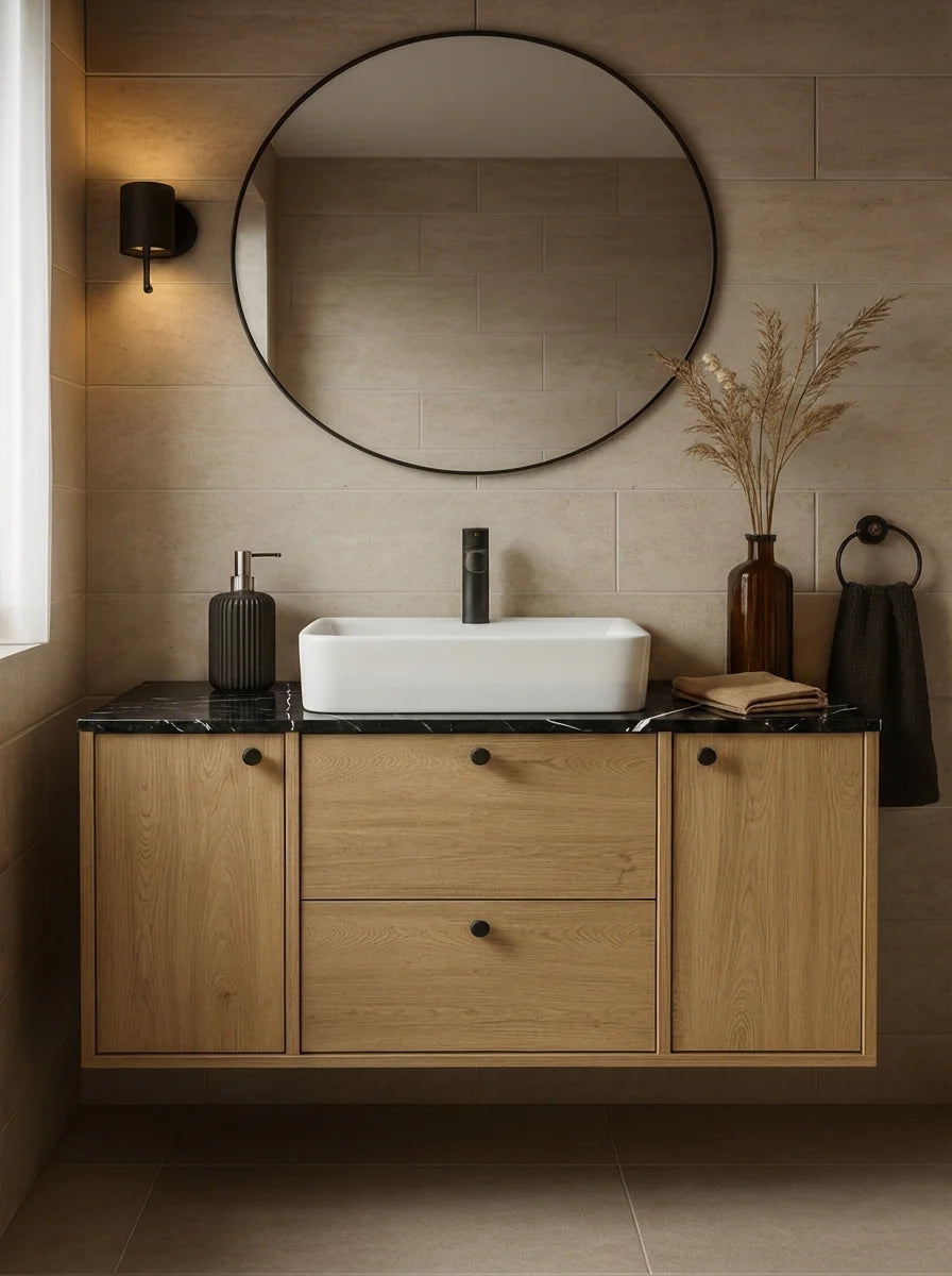 Dulap pentru lavoar 120 cm, cu 2 usi, cu 2 sertare, fronturi netede Belino - Stejar Cremona/Marmura Negru