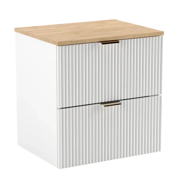 Dulap pentru lavoar 80 cm cu raft, fronturi canelate Willy - Alb, Nuc top