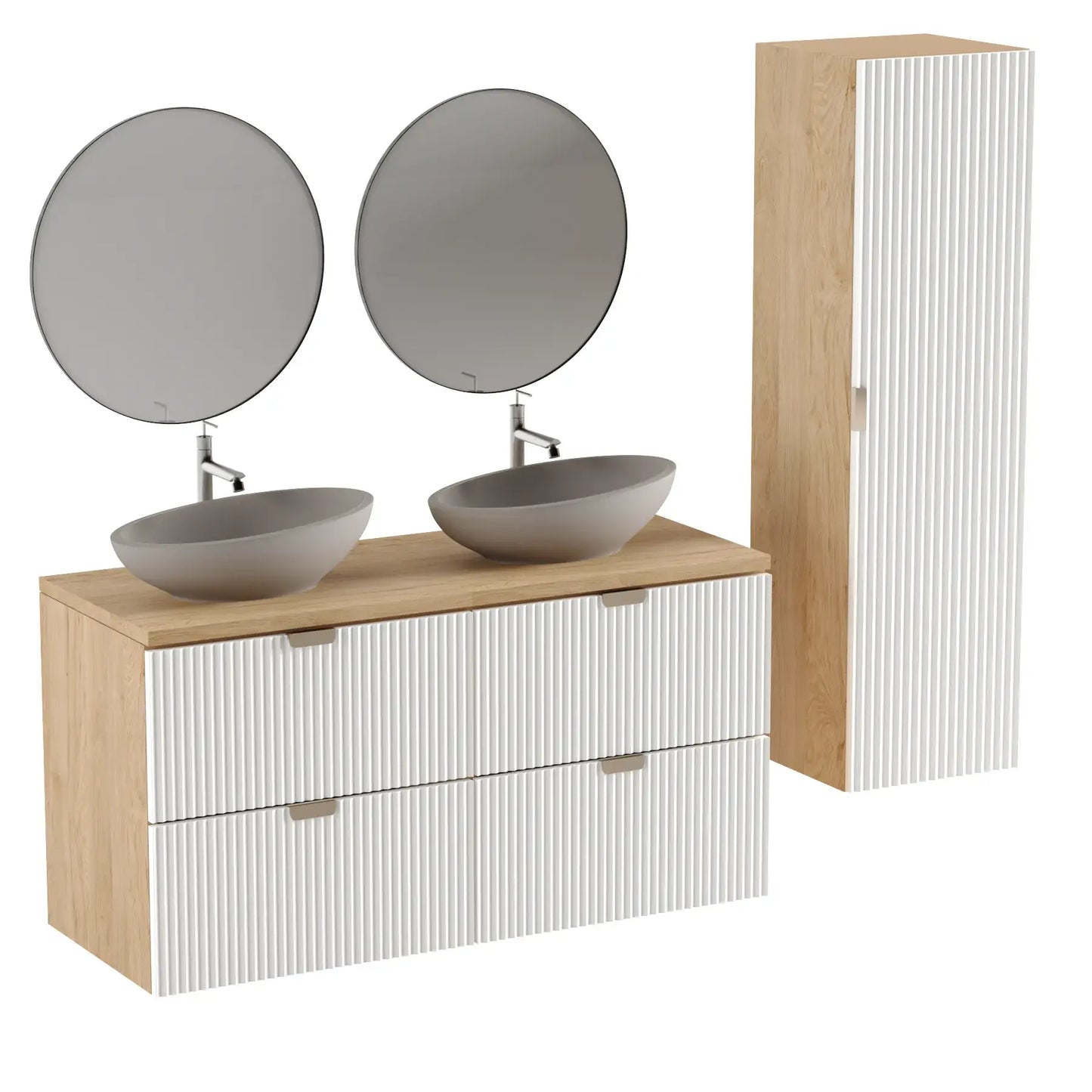 Dulap înalt pentru baie 120 cm, fronturi canelate Willy - Alb/Nuc