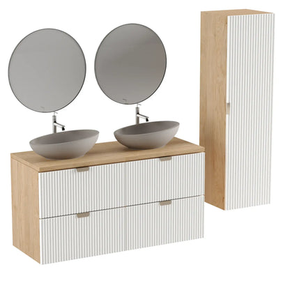 Dulap înalt pentru baie 120 cm, fronturi canelate Willy - Alb/Nuc