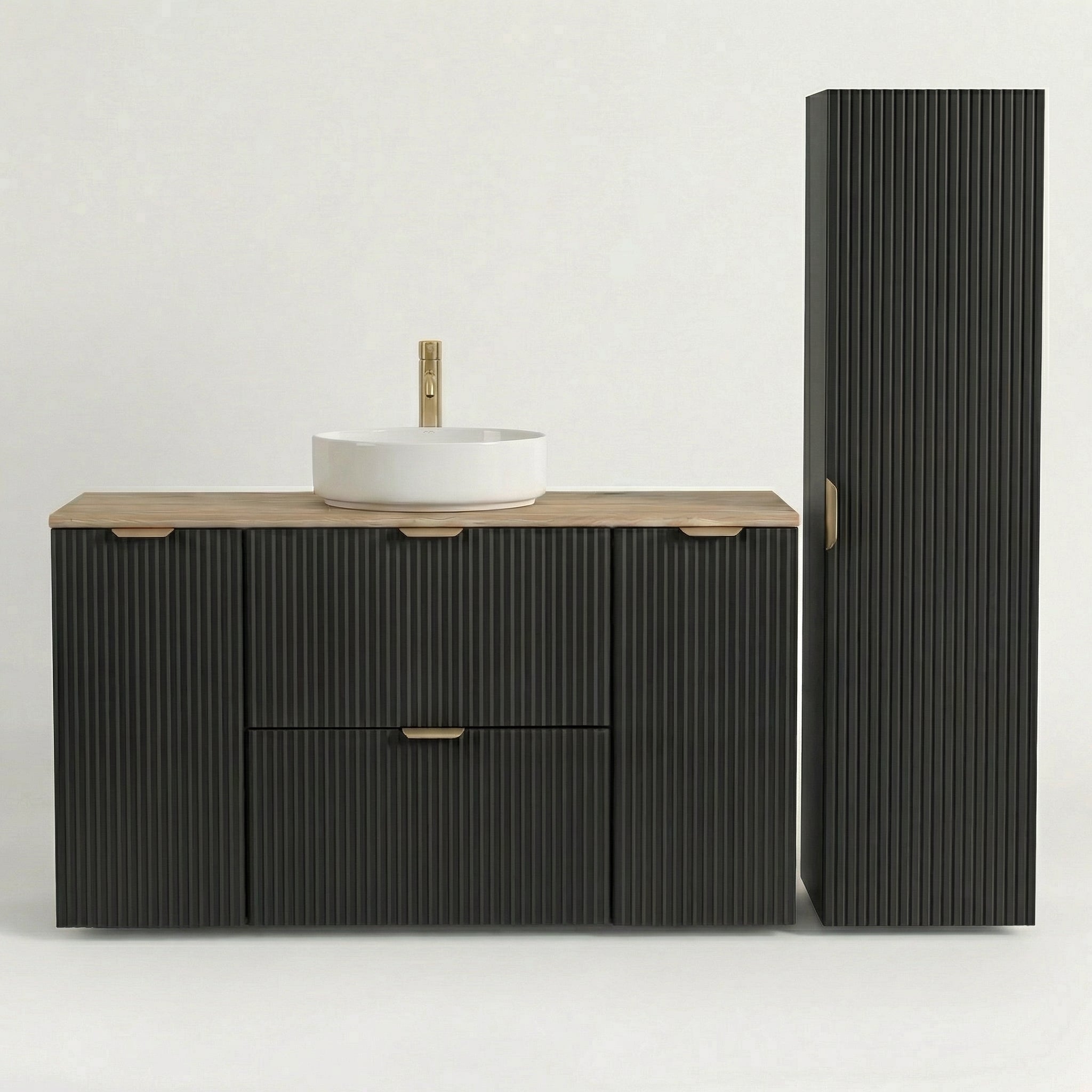 Set de mobilier: Dulap pentru lavoar 120 cm, 2 uși 2 sertare și Dulap înalt pentru baie 120 cm Willy - Negru/Nuc top