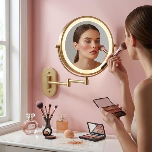 Oglindă cosmetică cu LED-uri pe ambele fețe, pentru montare pe perete - Auriu Vintage