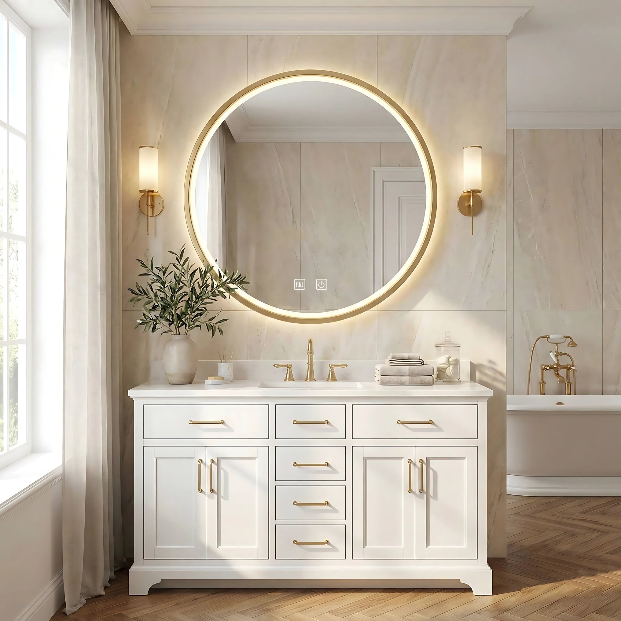Oglinda de perete cu LED-uri MMJ Auriu Periat - 60 cm