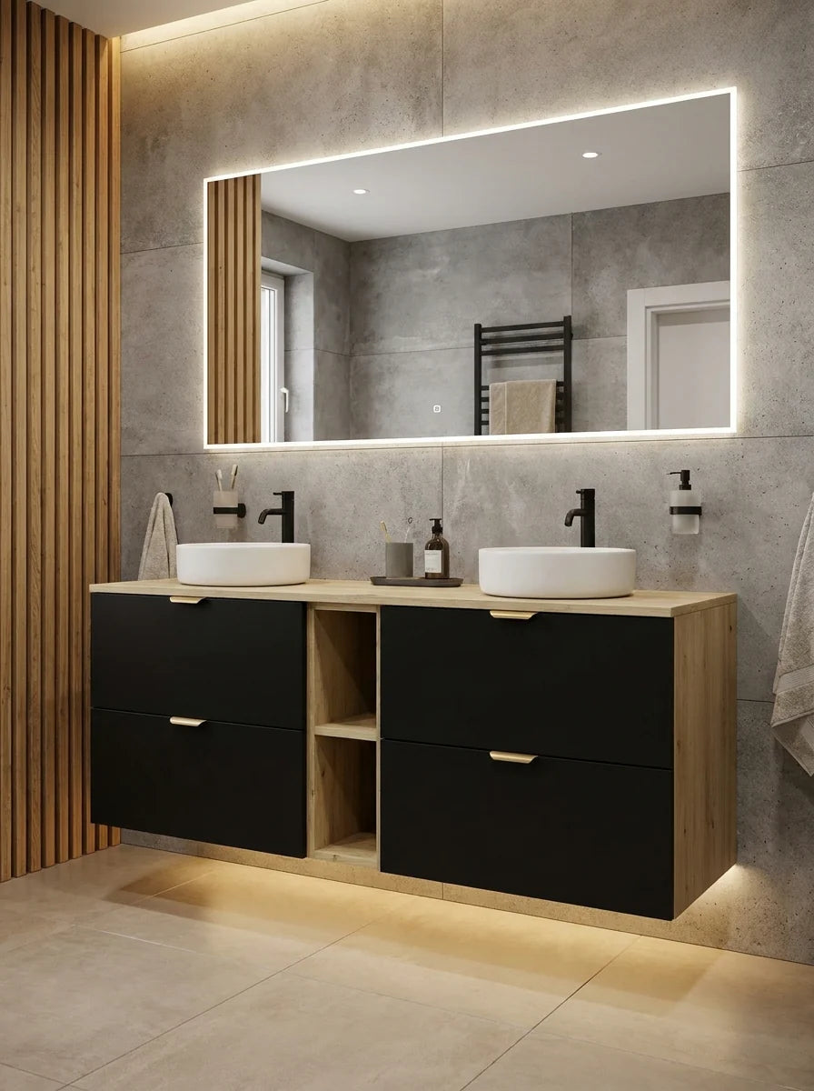 Dulap pentru lavoar 140 cm, cu raft, fronturi netede Orio - Negru/Stejar artizanal