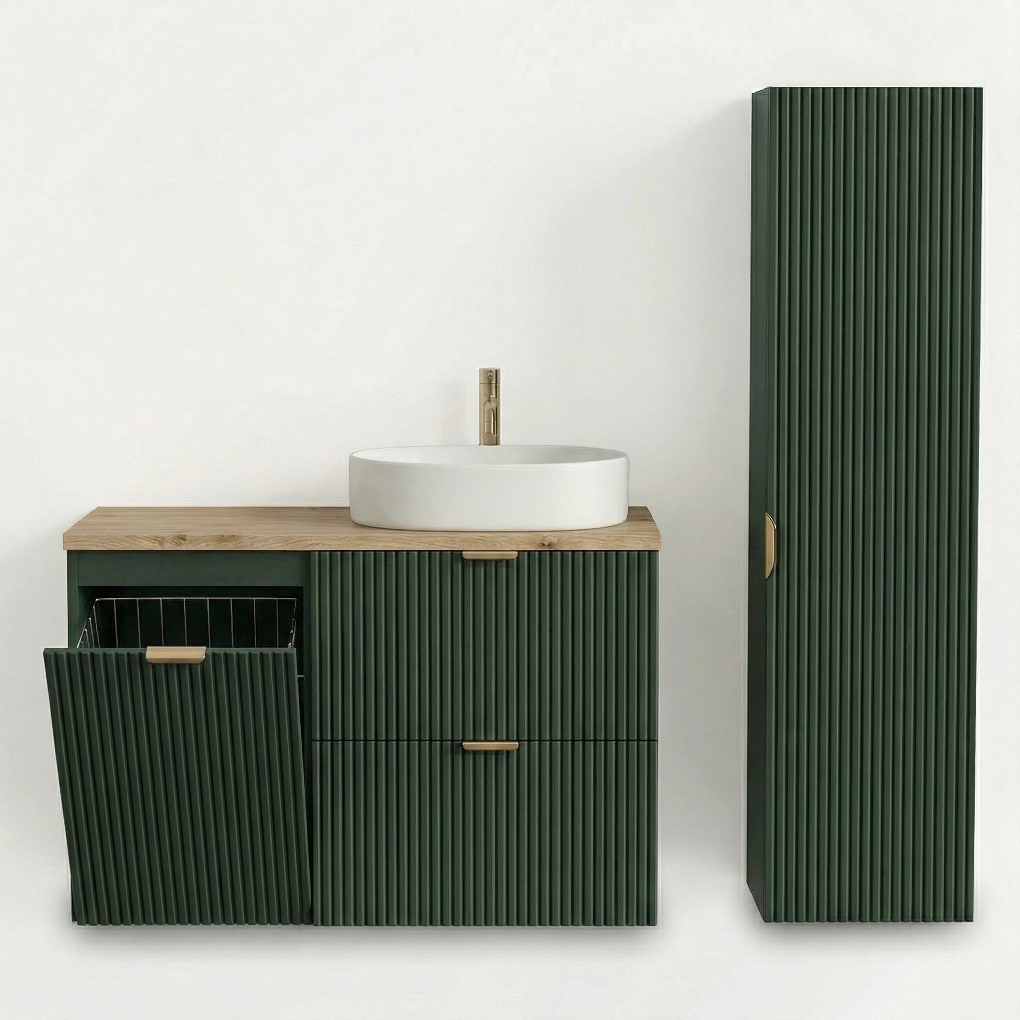 Set de mobilier: Dulap pentru lavoar cu cos de rufe 100 cm și Dulap înalt pentru baie 120 cm Willy - Verde/Nuc top