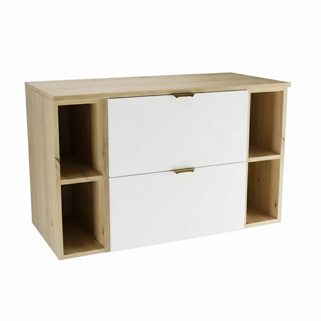 Dulap pentru lavoar 100 cm cu 2 rafturi, fronturi netede Orio - Alb/Stejar artizanal