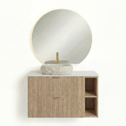 Set de mobilier: Dulap pentru lavoar cu raft 100 cm cu oglindă cu LED-uri Willy - Stejar Cremona/Marmura Alba top