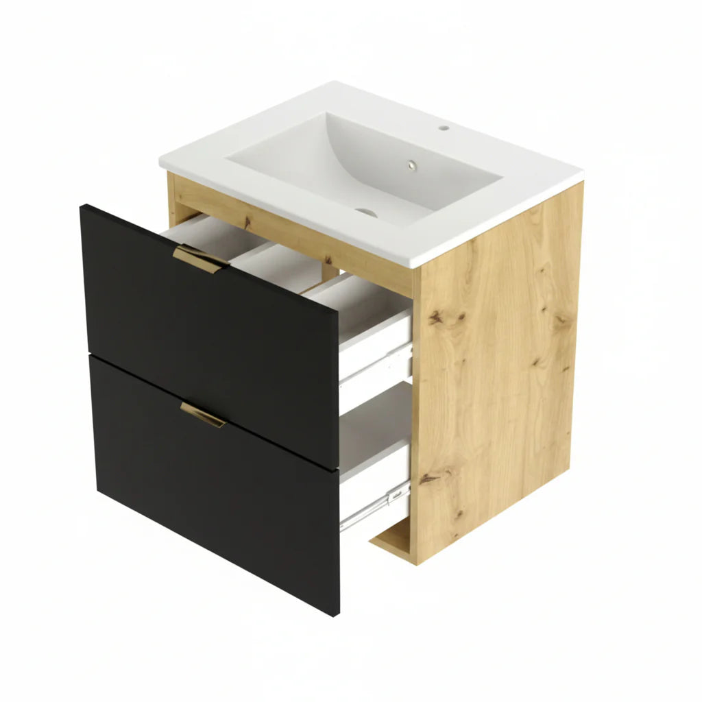 Dulap pentru lavoar 60 cm cu chiuveta, 2 sertare, fronturi netede Orio - Negru/Stejar artizanal