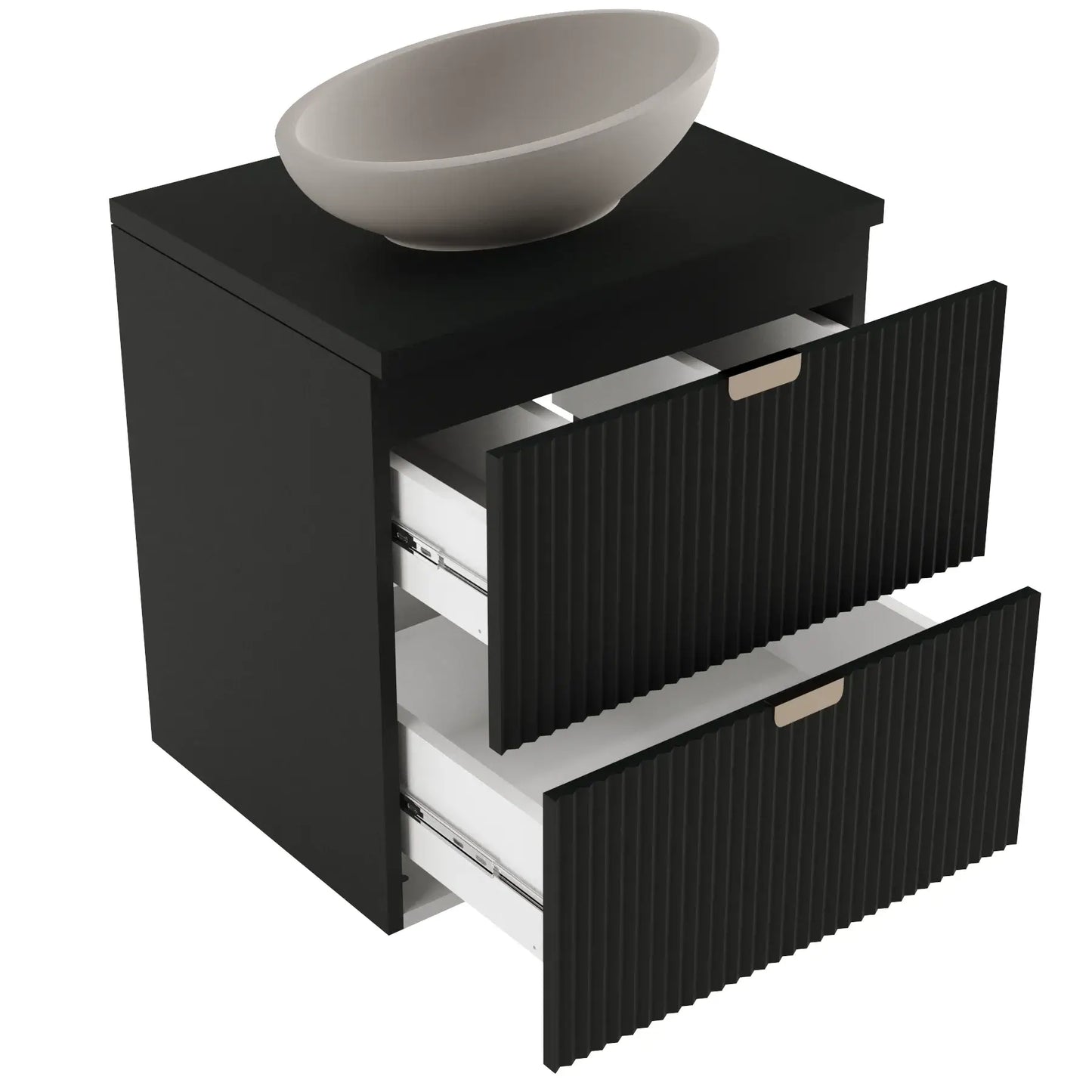 Dulap pentru lavoar 60 cm 2 sertare fronturi canelate Willy - Negru, Nuc top