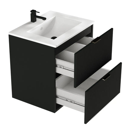 Dulap pentru lavoar 60 cm cu chiuveta, 2 sertare, fronturi canelate Willy - Negru