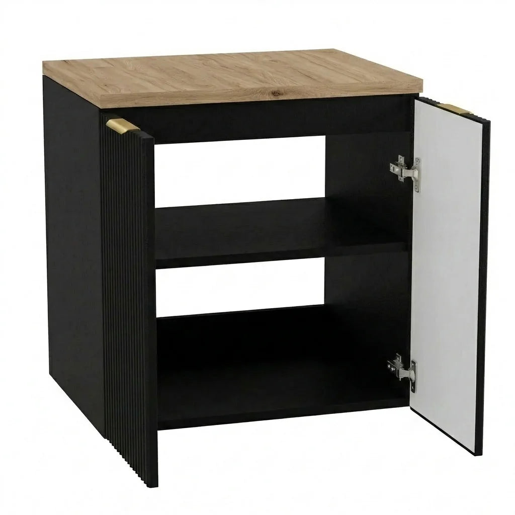 Dulap pentru lavoar 60 cm cu 2 usi, fronturi canelate Willy - Negru, Nuc top
