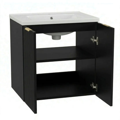 Dulap pentru lavoar 60 cm cu chiuveta, cu 2 usi, fronturi canelate Willy - Negru