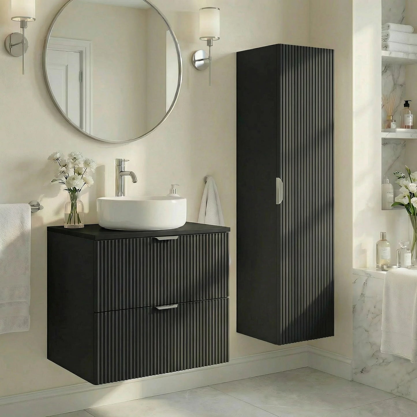 Dulap înalt pentru baie 120 cm, fronturi canelate Willy - Negru
