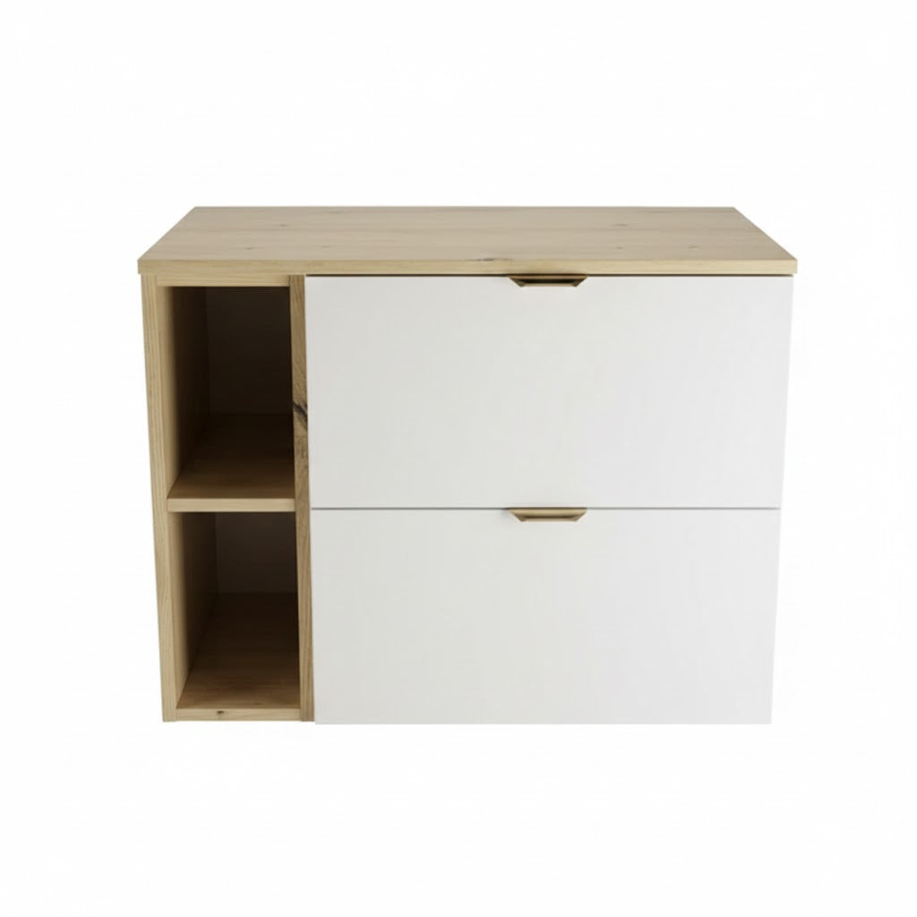 Dulap pentru lavoar 80 cm cu raft, fronturi netede Orio - Alb/Stejar artizanal