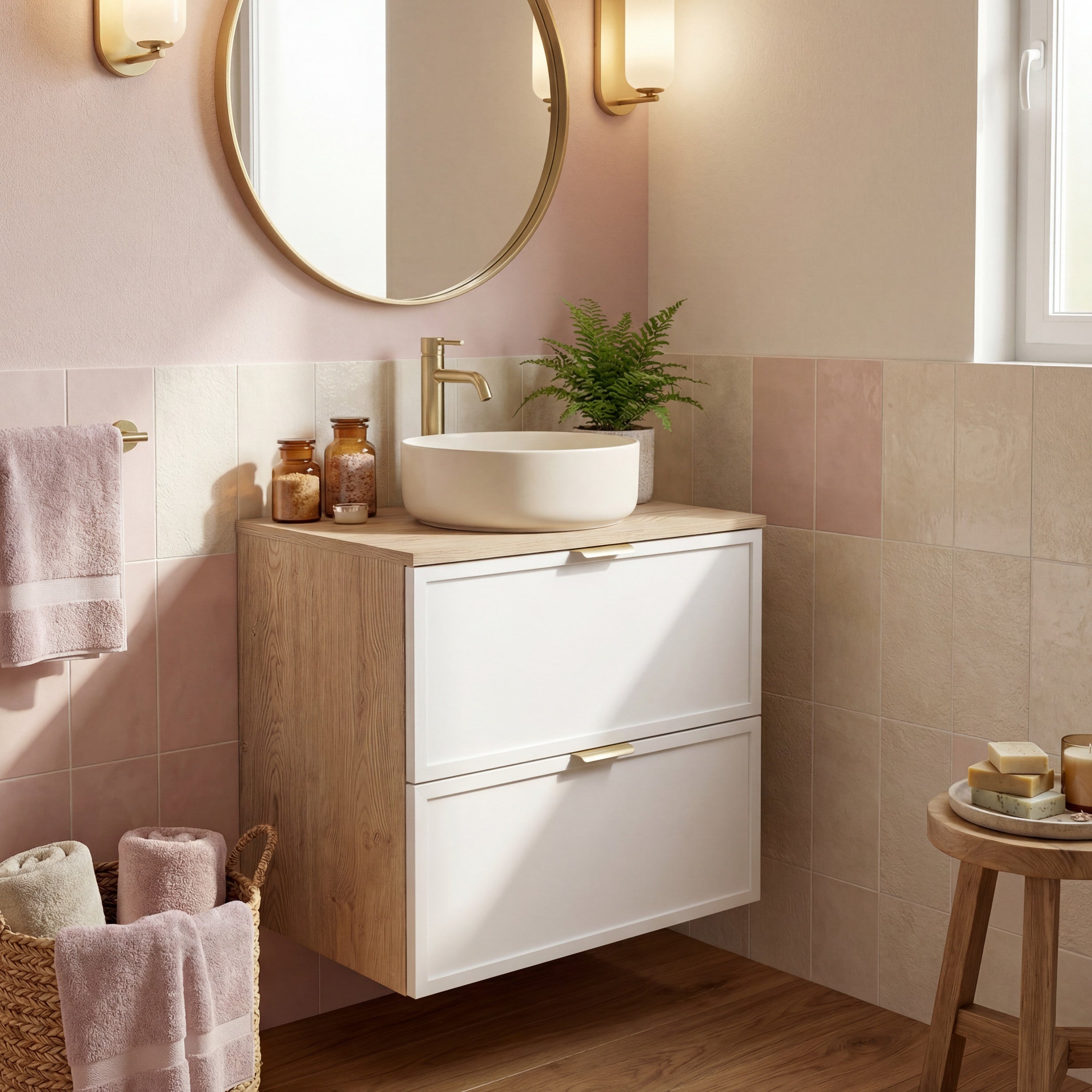 Dulap pentru lavoar 60 cm, 2 sertare, fronturi cu rama decorativa Roma - Alb/Stejar Cremona