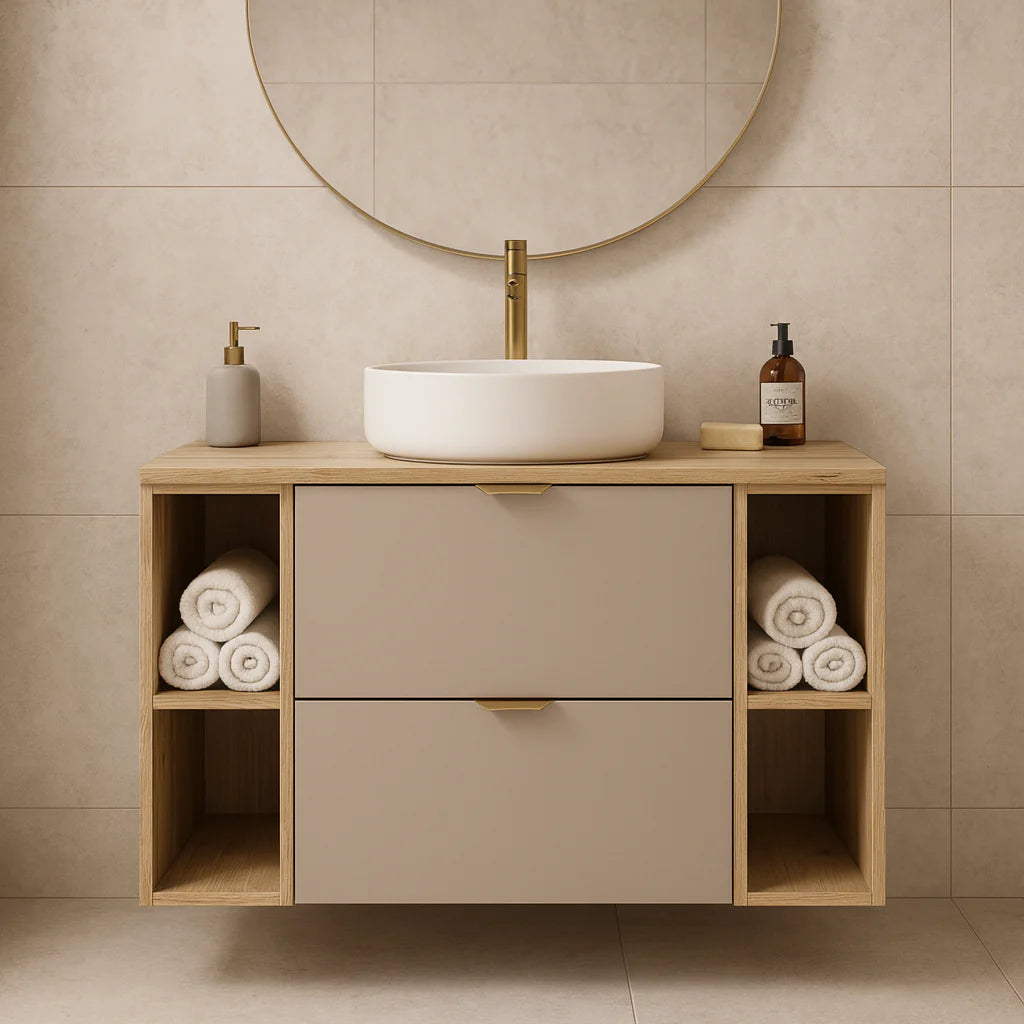 Dulap pentru lavoar 100 cm cu 2 rafturi, fronturi netede Orio - Casmir/Stejar artizanal