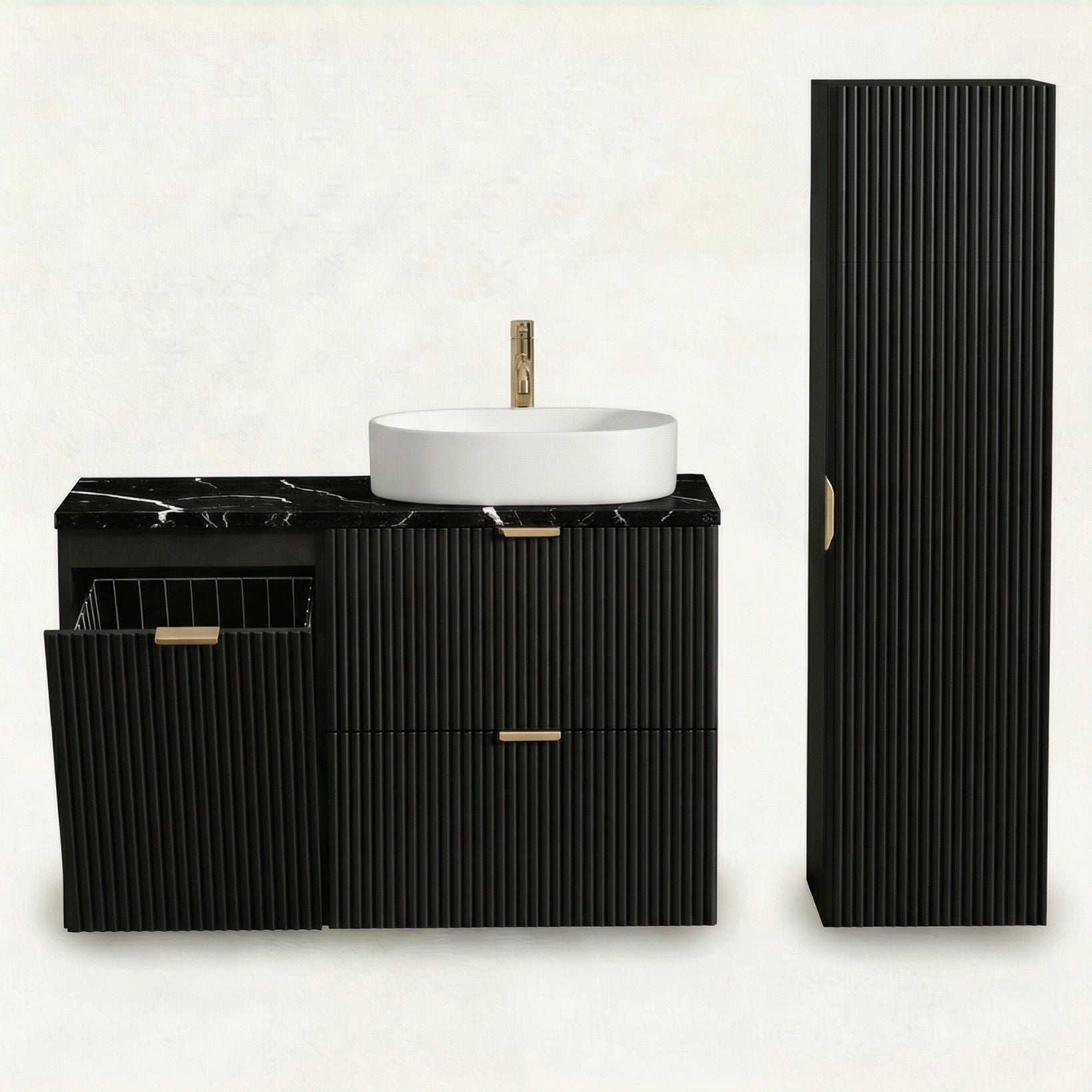 Set de mobilier: Dulap pentru lavoar cu cos de rufe 100 cm și Dulap înalt pentru baie 120 cm Willy - Negru/Marmura Negru top