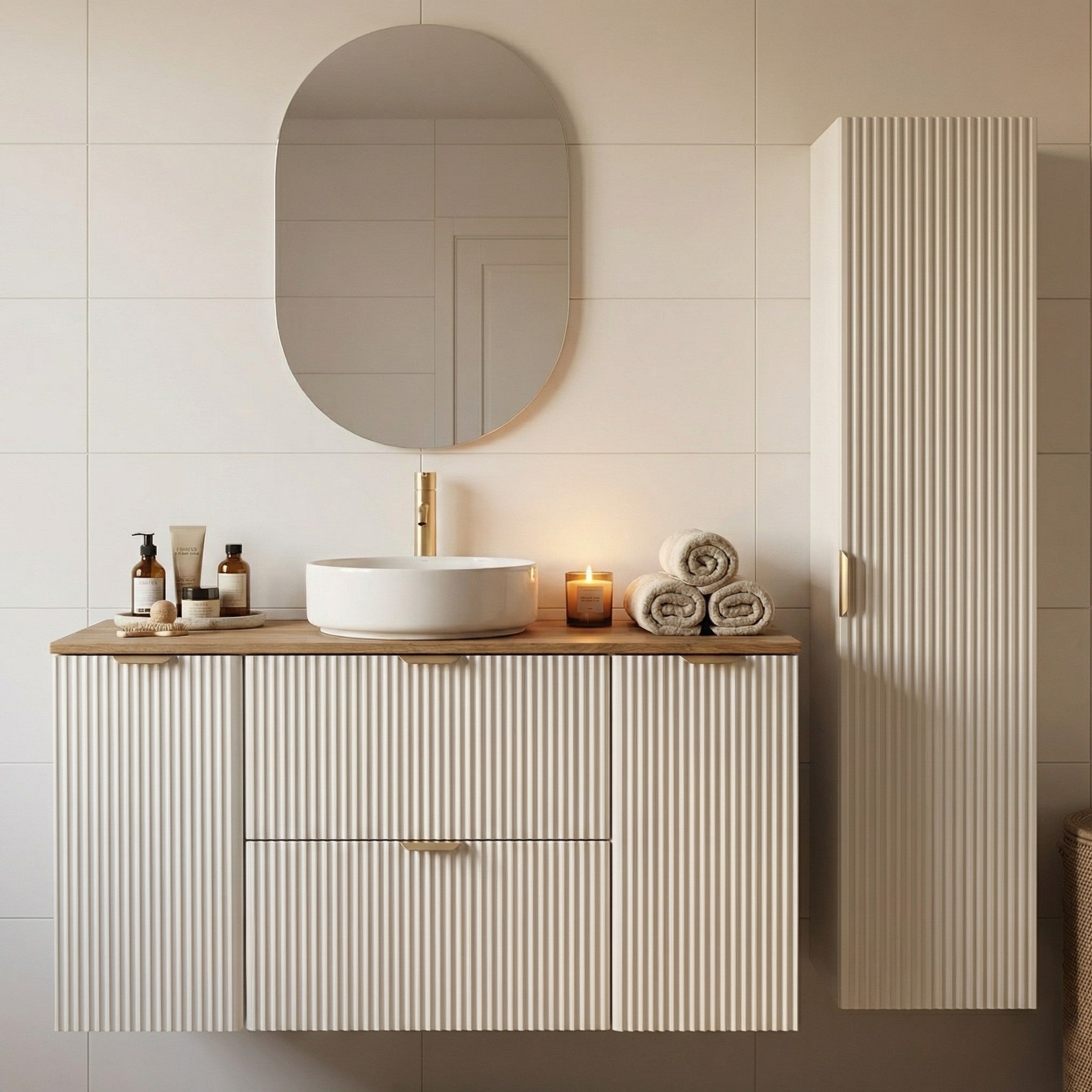 Set de mobilier: Dulap pentru lavoar 120 cm, 2 uși 2 sertare și Dulap înalt pentru baie 120 cm Willy - Alb/Nuc top