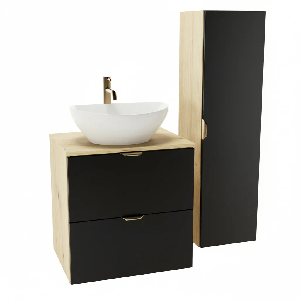 Dulap înalt pentru baie, cu rafturi 120 cm Orio - Negru/Stejar Artisan