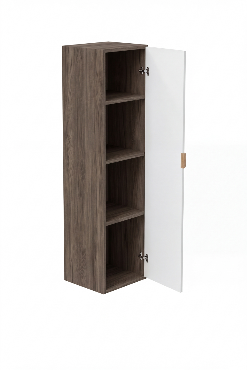 Dulap inalt pentru baie 120 cm, cu rafturi, fronturi cu rama decorativa Roma - Alb/Nuc inchis
