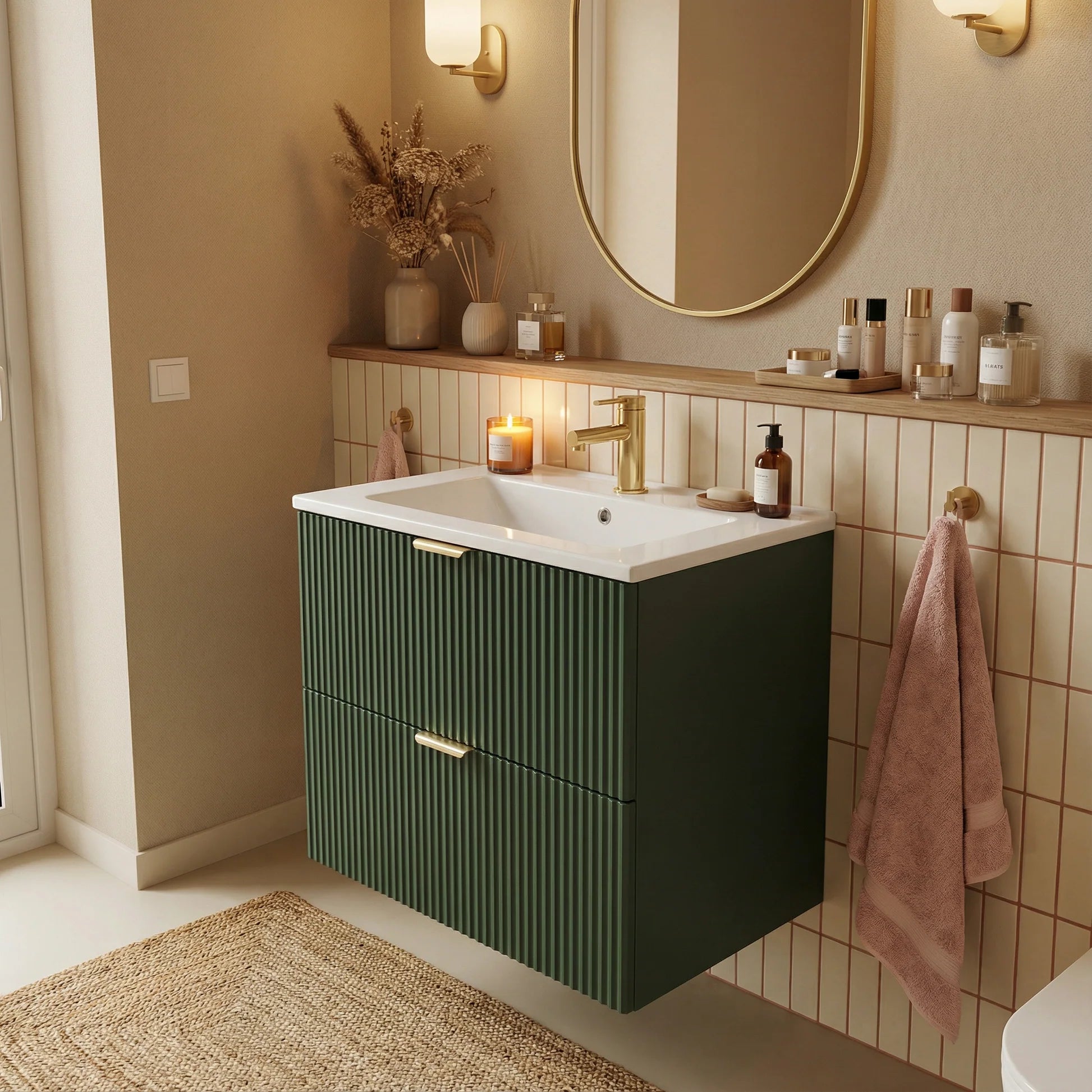Dulap pentru lavoar 60 cm cu chiuveta, 2 sertare, fronturi canelate Willy - Verde