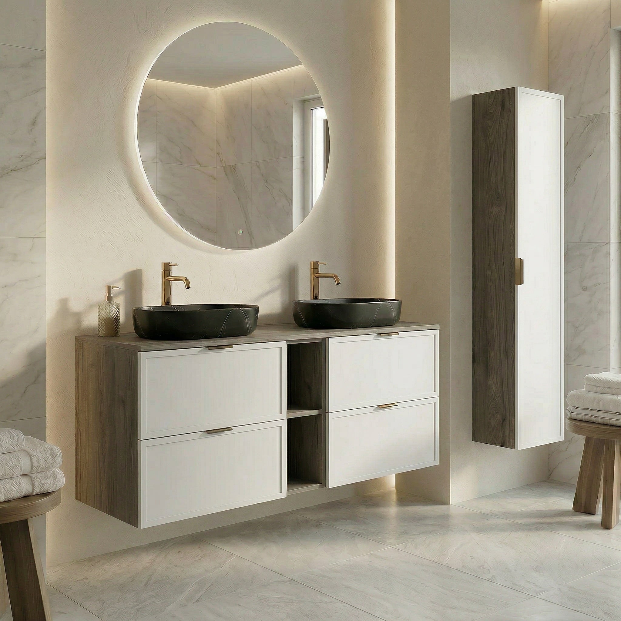 Dulap pentru lavoar 140 cm, cu raft, fronturi cu rama decorativa, 4 sertare Roma - Alb/Nuc inchis