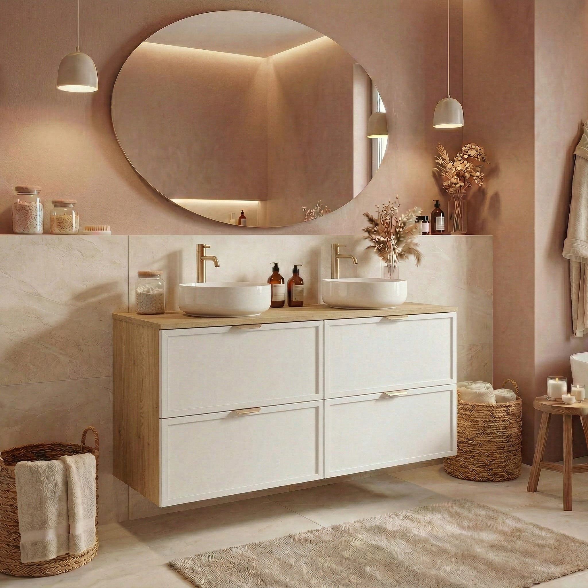 Dulap pentru lavoar 120 cm fronturi cu rama decorativa, 4 sertare Roma - Alb/Stejar Cremona
