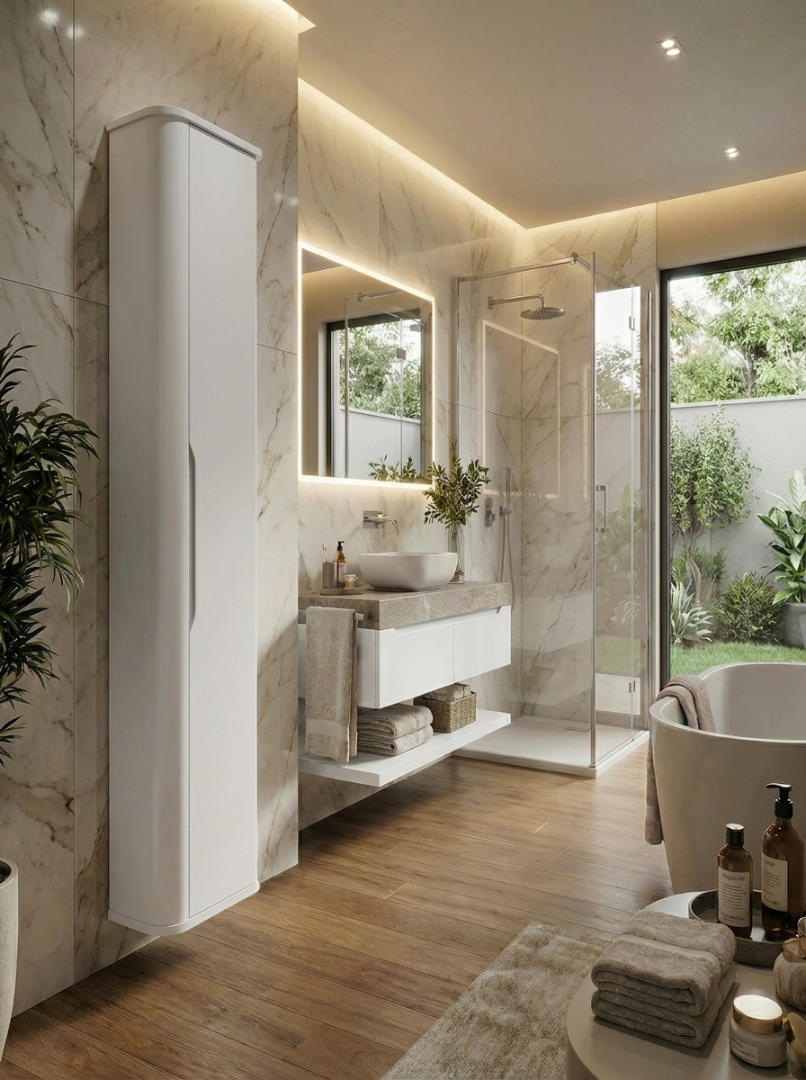 Dulap inalt pentru baie 160 cm, margini rotunjite, cu rafturi Luma - Alb