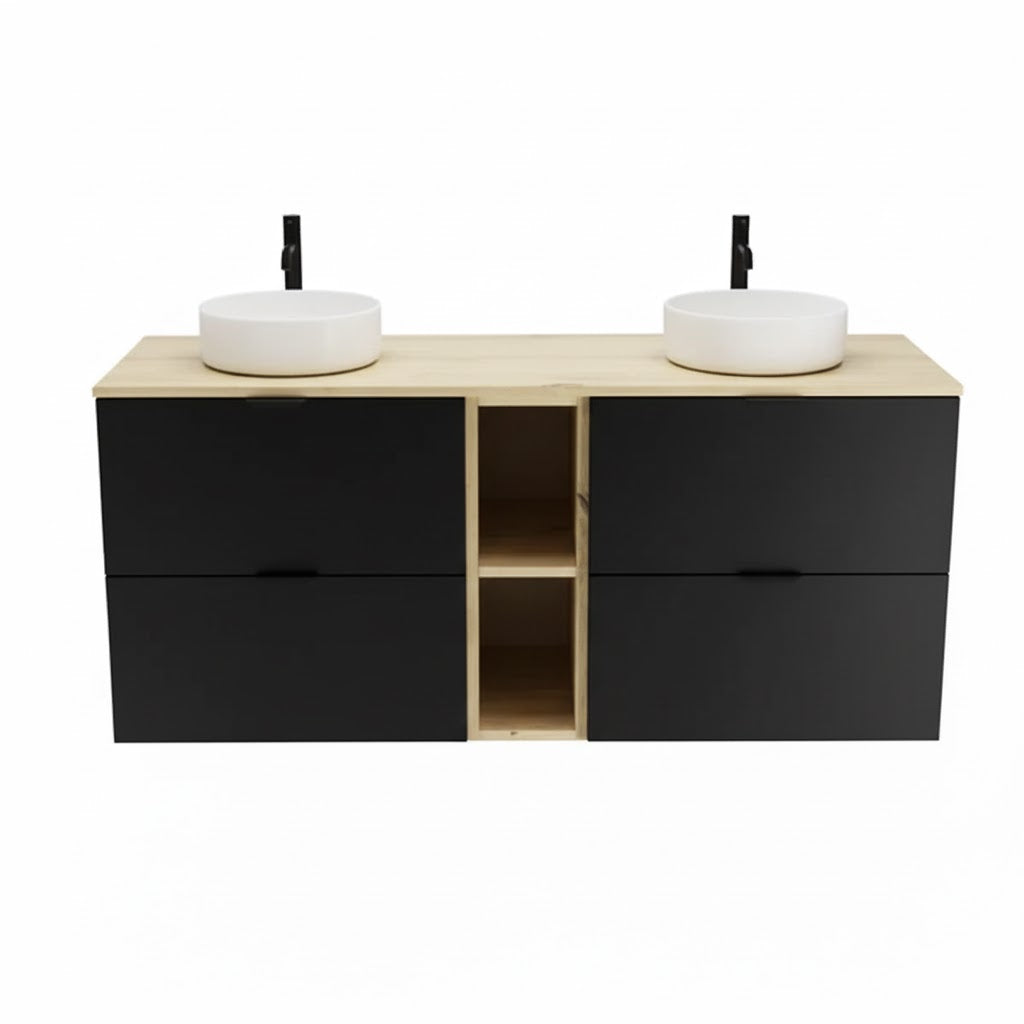Set de mobilier: Dulap pentru lavoar cu raft 140 cm, 4 sertare Orio - Negru/Stejar Artizanal