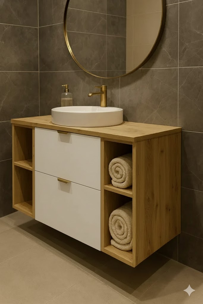 Dulap pentru lavoar 100 cm cu 2 rafturi, fronturi netede Orio - Alb/Stejar artizanal