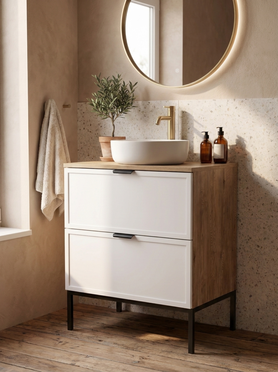 Dulap pentru lavoar 60 cm pe un cadru metalic, 2 sertare Roma - Alb/Stejar Cremona