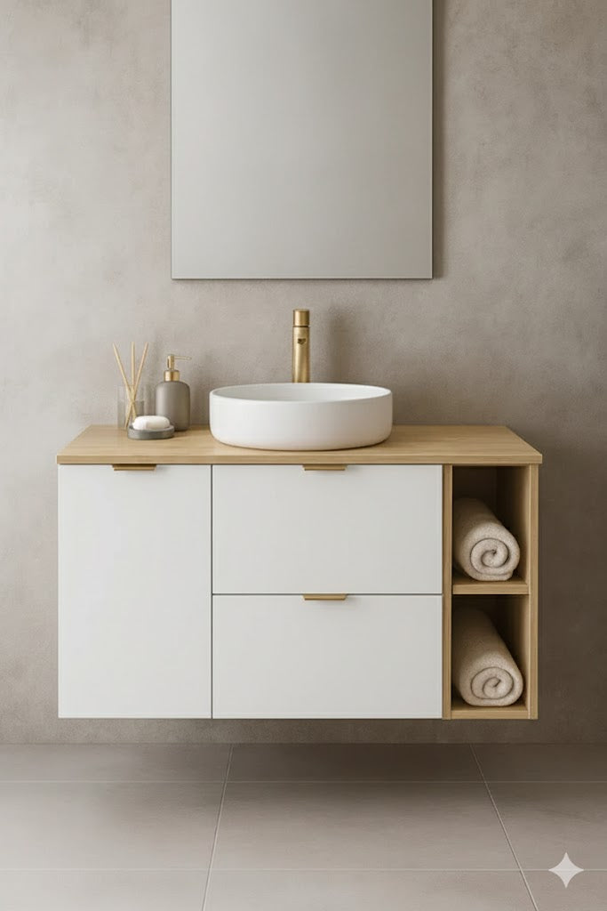 Dulap pentru lavoar 120 cm cu cos de rufe, cu raft, fronturi netede Orio - Alb/Stejar artizanal