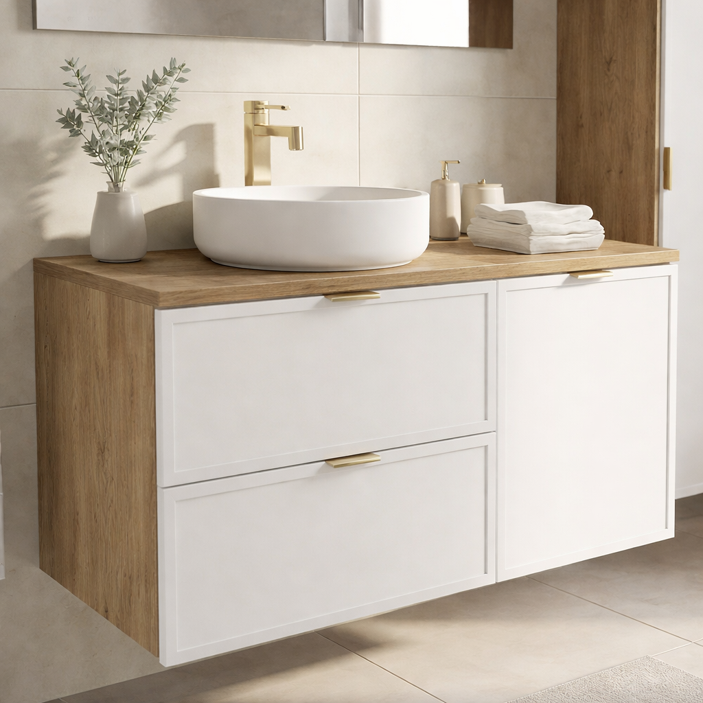 Dulap pentru lavoar 100 cm, cu cos de rufe, fronturi cu rama decorativa Roma - Alb/Stejar Cremona