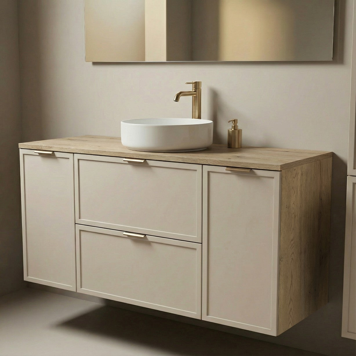 Dulap pentru lavoar 120 cm fronturi cu rama decorativa, 2 usi si 2 sertare Roma - Casmir/Stejar Cremona