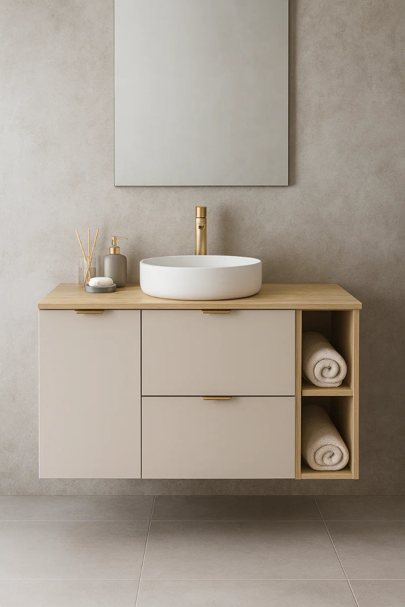 Dulap pentru lavoar 120 cm cu cos de rufe, cu raft, fronturi netede Orio - Casmir/Stejar artizanal