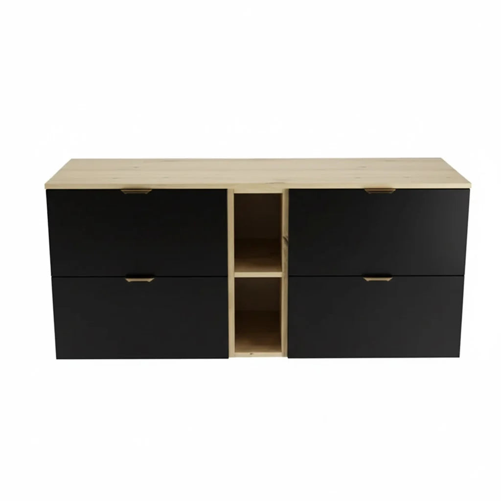 Dulap pentru lavoar 140 cm, cu raft, fronturi netede Orio - Negru/Stejar artizanal