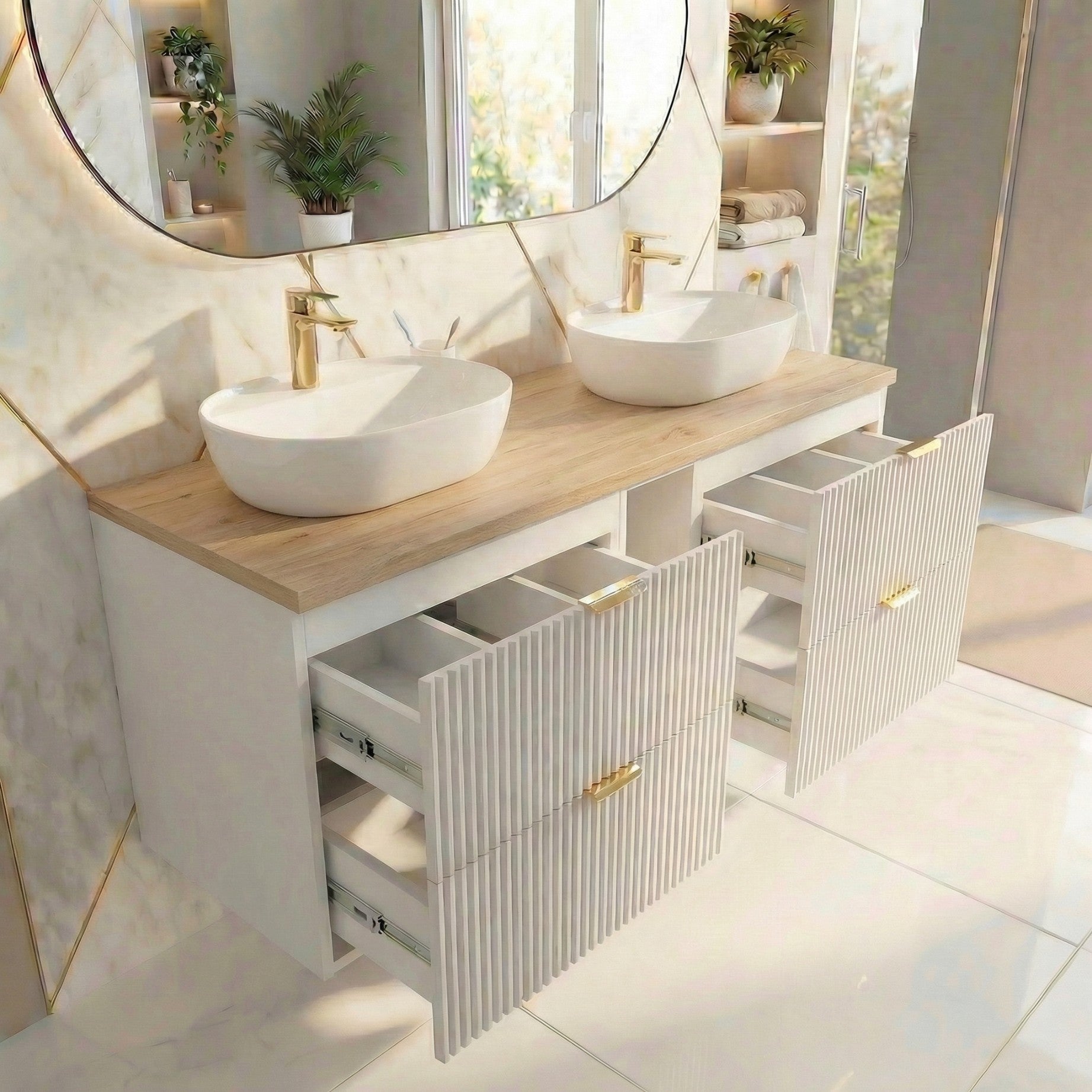 Set de mobilier: Dulap pentru lavoar cu raft 140 cm, 4 sertare Willy - Alb/Nuc top