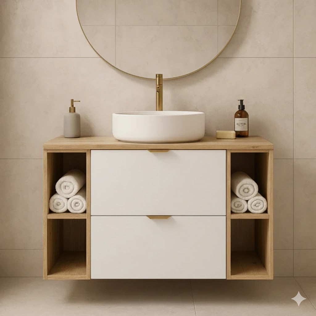 Dulap pentru lavoar 100 cm cu 2 rafturi, fronturi netede Orio - Alb/Stejar artizanal