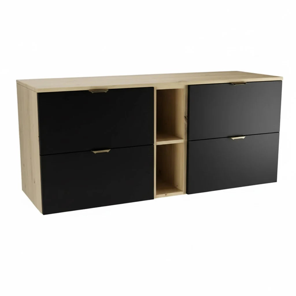 Dulap pentru lavoar 140 cm, cu raft, fronturi netede Orio - Negru/Stejar artizanal