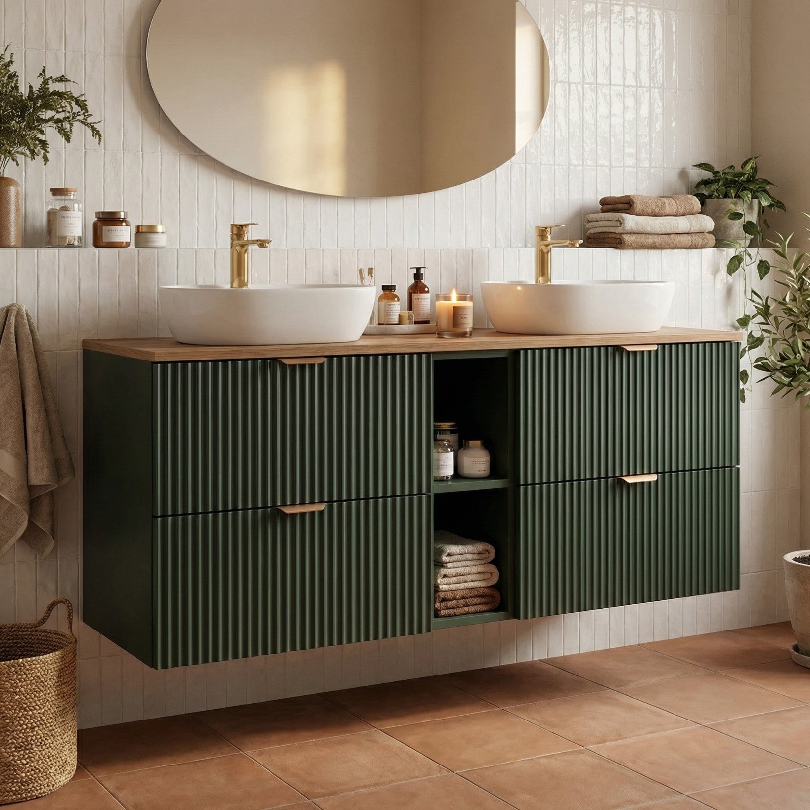 Set de mobilier: Dulap pentru lavoar cu raft 140 cm, 4 sertare Willy - Verde/Nuc top