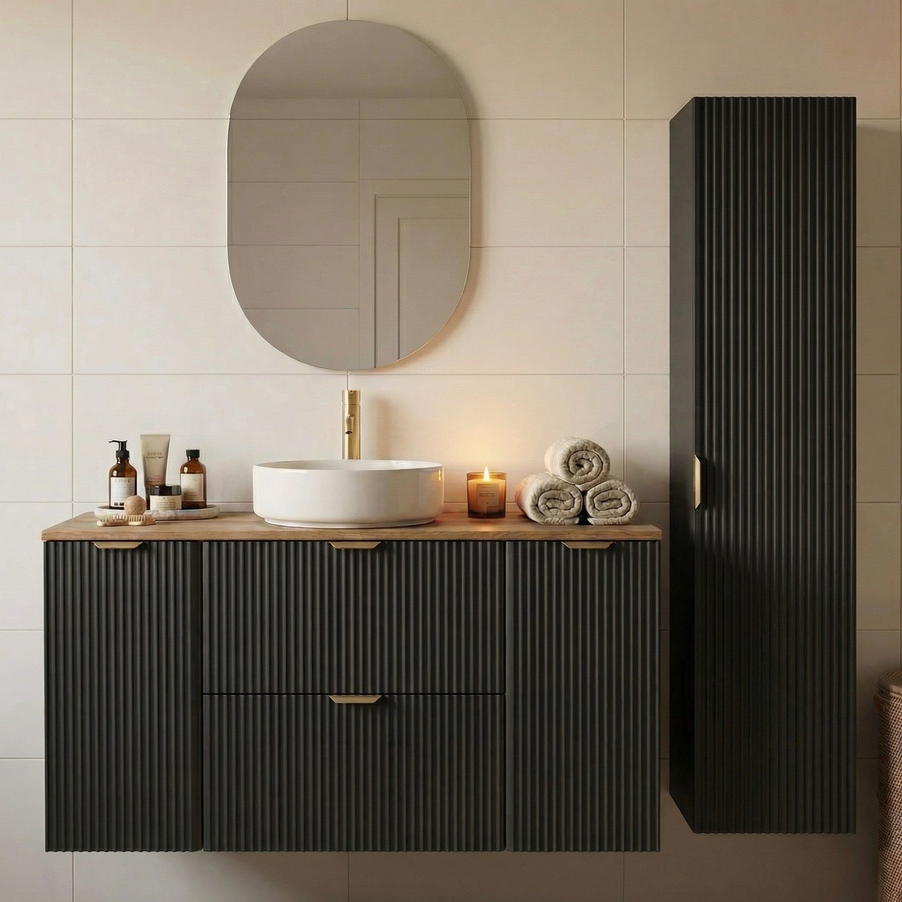 Set de mobilier: Dulap pentru lavoar 120 cm, 2 uși 2 sertare și Dulap înalt pentru baie 120 cm Willy - Negru/Nuc top