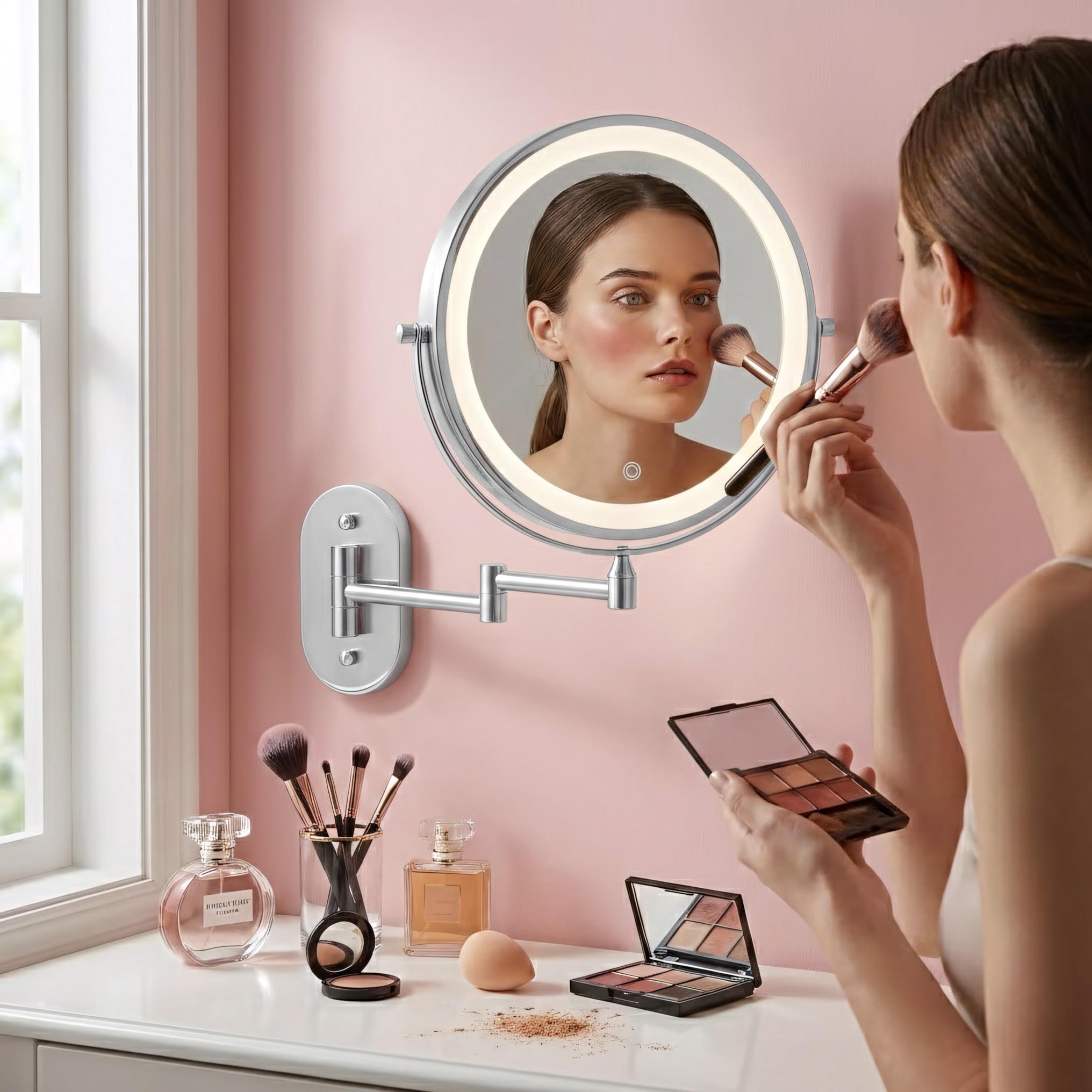 Oglindă cosmetică cu LED-uri pe ambele fețe, pentru montare pe perete - Crom