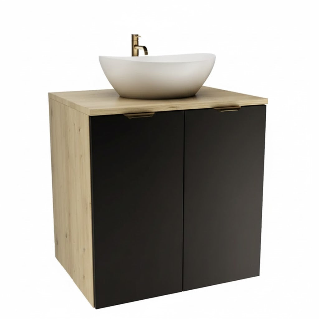 Set de mobilier: Dulap pentru lavoar 60 cm cu 2 uși cu chiuvetă Orio - Negru/Stejar Artizanal