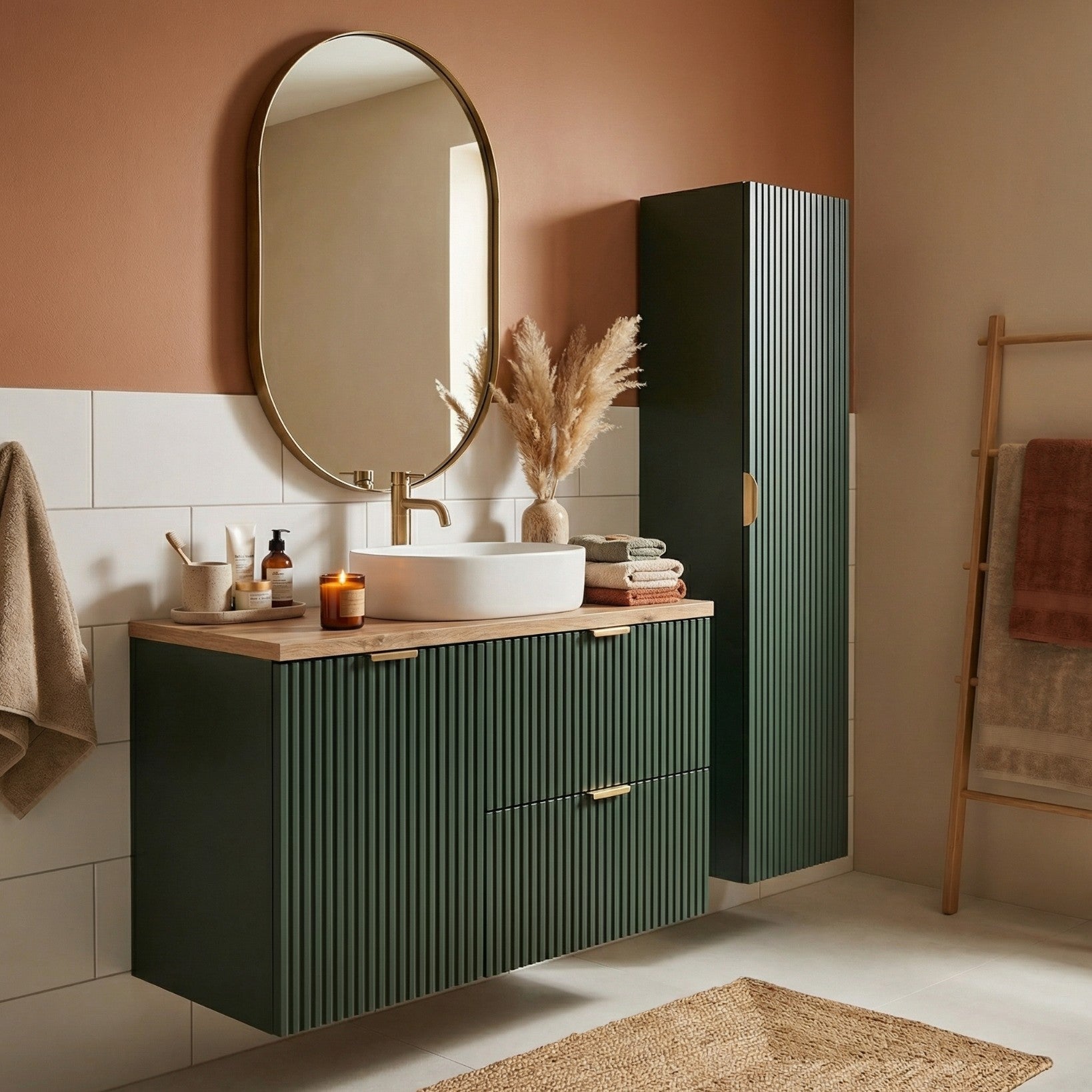 Set de mobilier: Dulap pentru lavoar cu cos de rufe 100 cm și Dulap înalt pentru baie 120 cm Willy - Verde/Nuc top