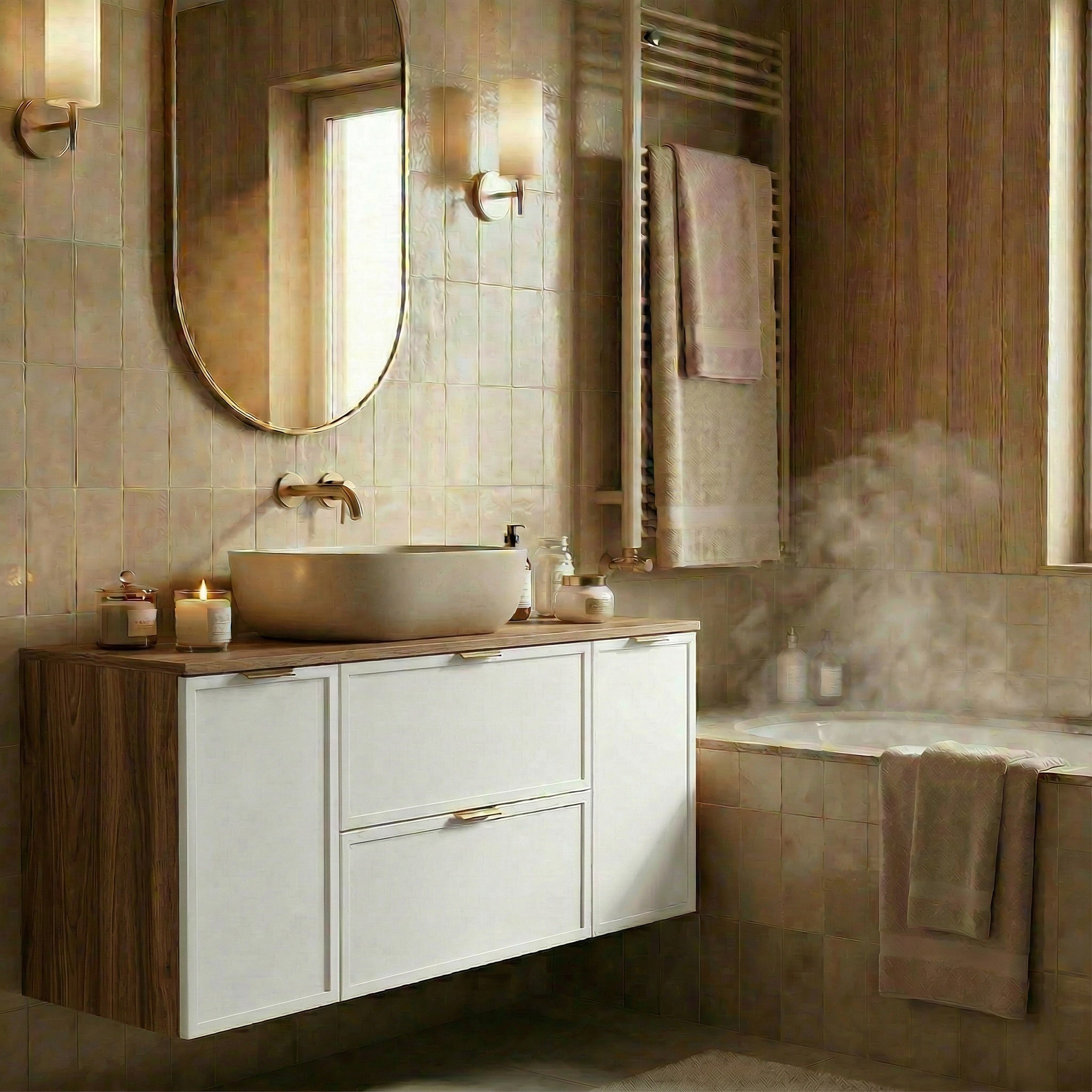 Dulap pentru lavoar 120 cm fronturi cu rama decorativa, 2 usi si 2 sertare Roma - Alb/Nuc inchis