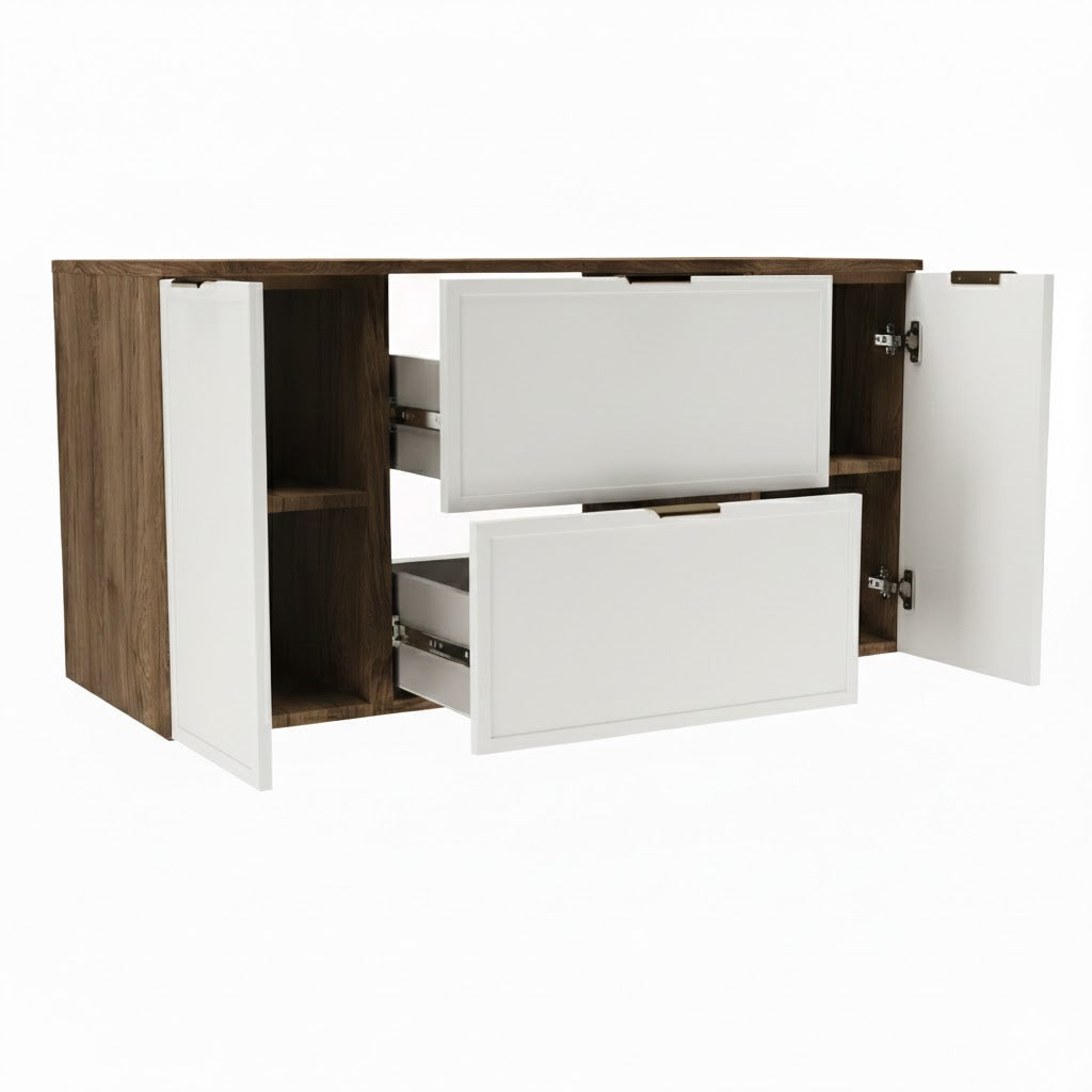Dulap pentru lavoar 120 cm fronturi cu rama decorativa, 2 usi si 2 sertare Roma - Alb/Nuc inchis