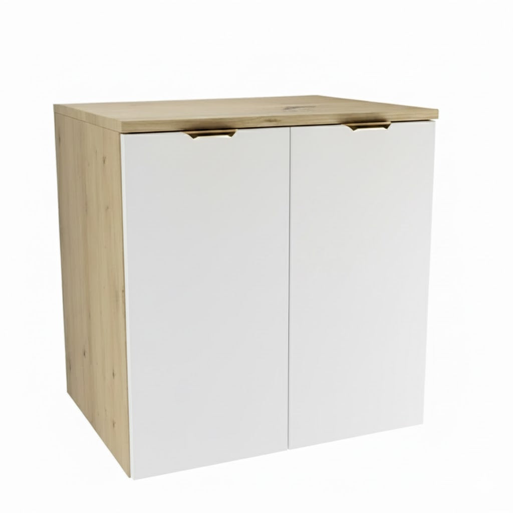 Dulap pentru lavoar 60 cm cu 2 usi, fronturi netede Orio - Alb/Stejar Artizanal