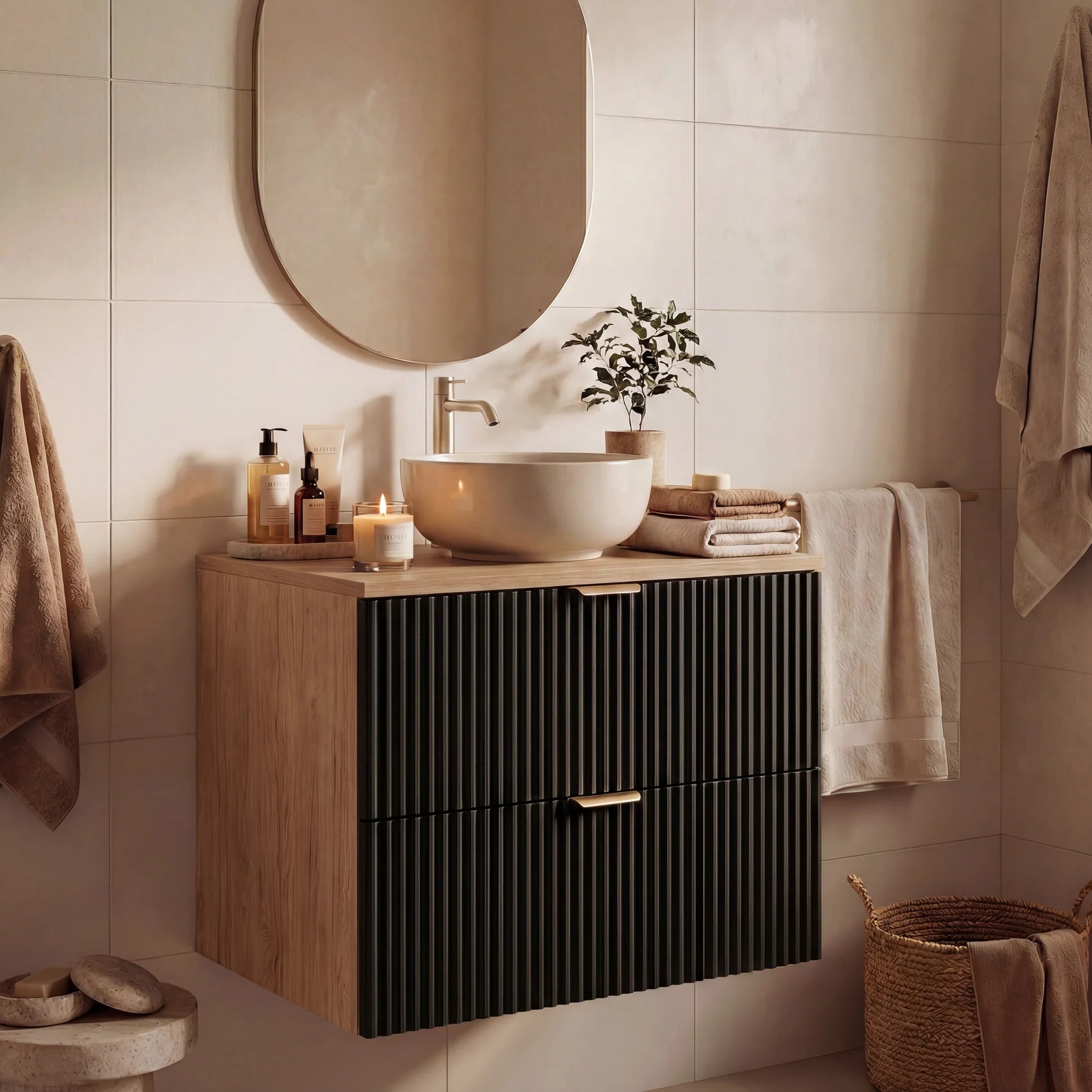 Dulap pentru lavoar 60 cm 2 sertare fronturi canelate Willy - Negru/Nuc